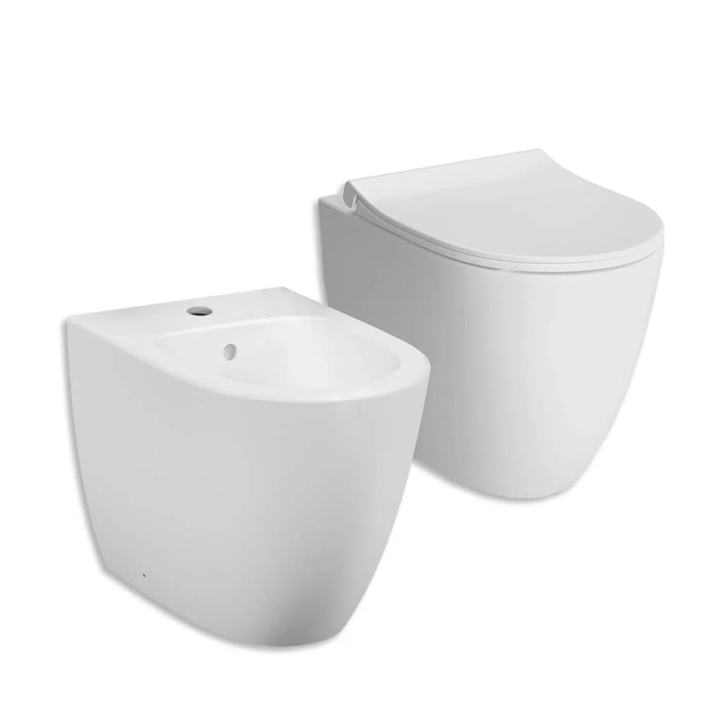 NETOS | Set sanitari Bianco Opaco a terra Filo muro WC Bidet e Coprivaso con Tecnologia Rimless
