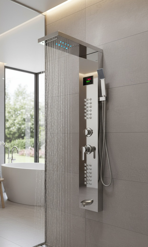 Pannello Doccia Idromassaggio Colonna Cromo Con Soffione e Doccetta - Schermo e Luci Led