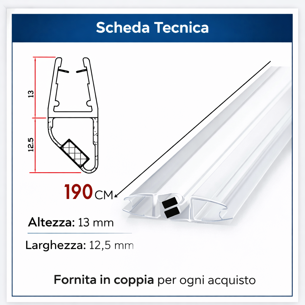 Coppia Guarnizioni Magnetiche per Box Doccia 6mm, Altezza 190cm, Kit 2 Pezzi, PVC Trasparente