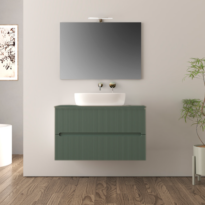 FAN | Mobile bagno 100cm sospeso cannettato con lavabo in appoggio - Verde Opaco