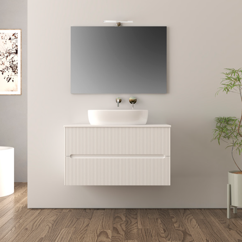 FAN | Mobile bagno 100cm sospeso cannettato con lavabo in appoggio - Bianco Opaco