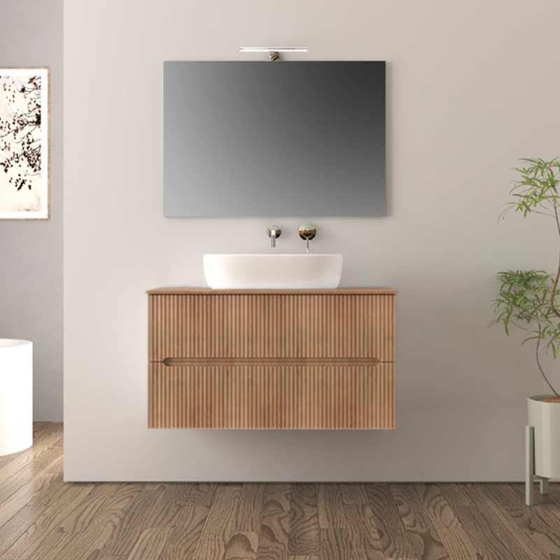 FAN | Mobile bagno 80cm sospeso cannettato con lavabo in appoggio - Rovere Tobacco