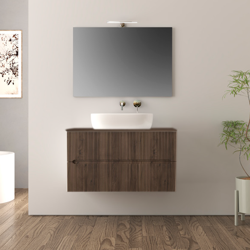 FAN | Mobile bagno 80cm sospeso cannettato con lavabo in appoggio - Noce
