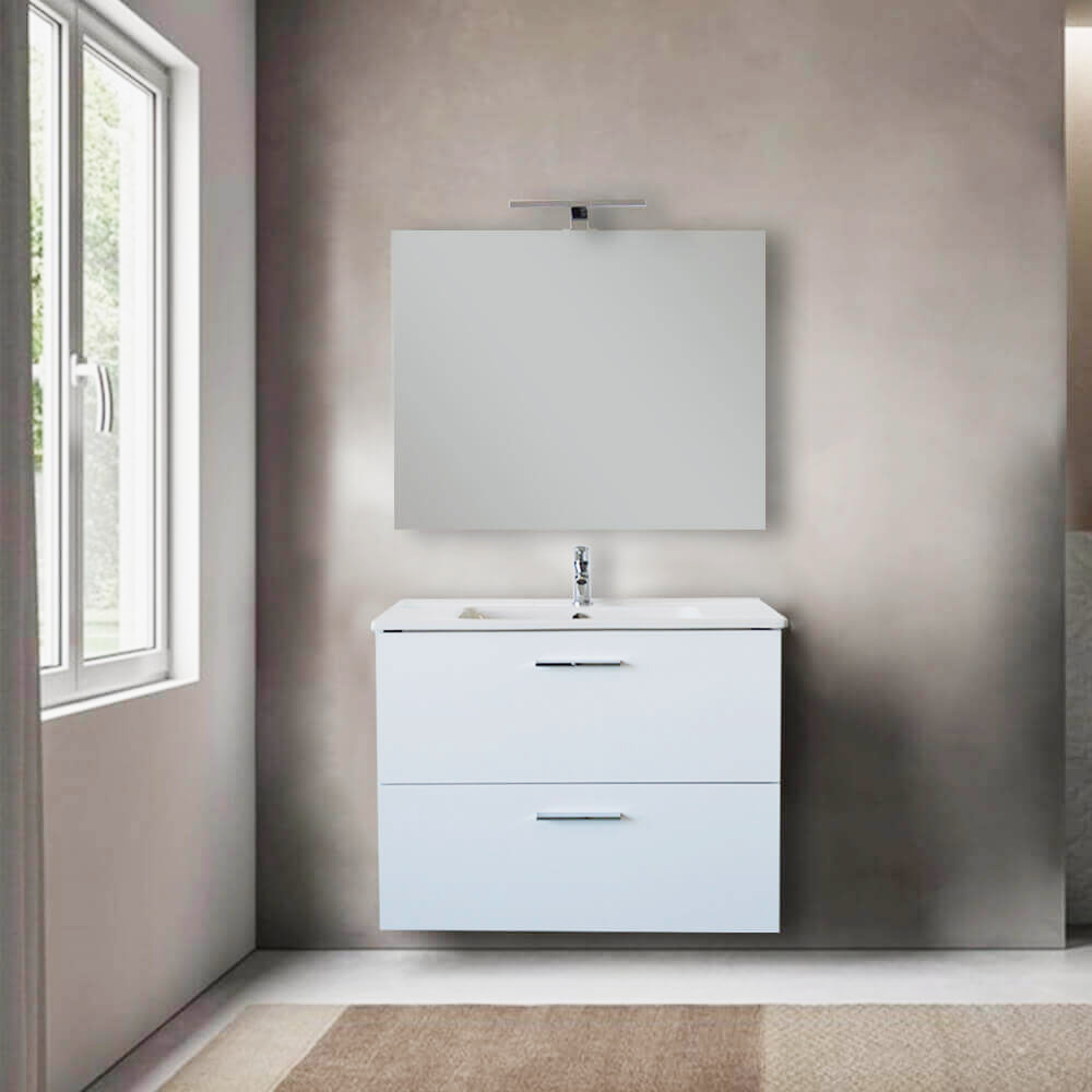 Easy | Mobile bagno sospeso 80cm con Specchio e lampada Led - Bianco Lucido