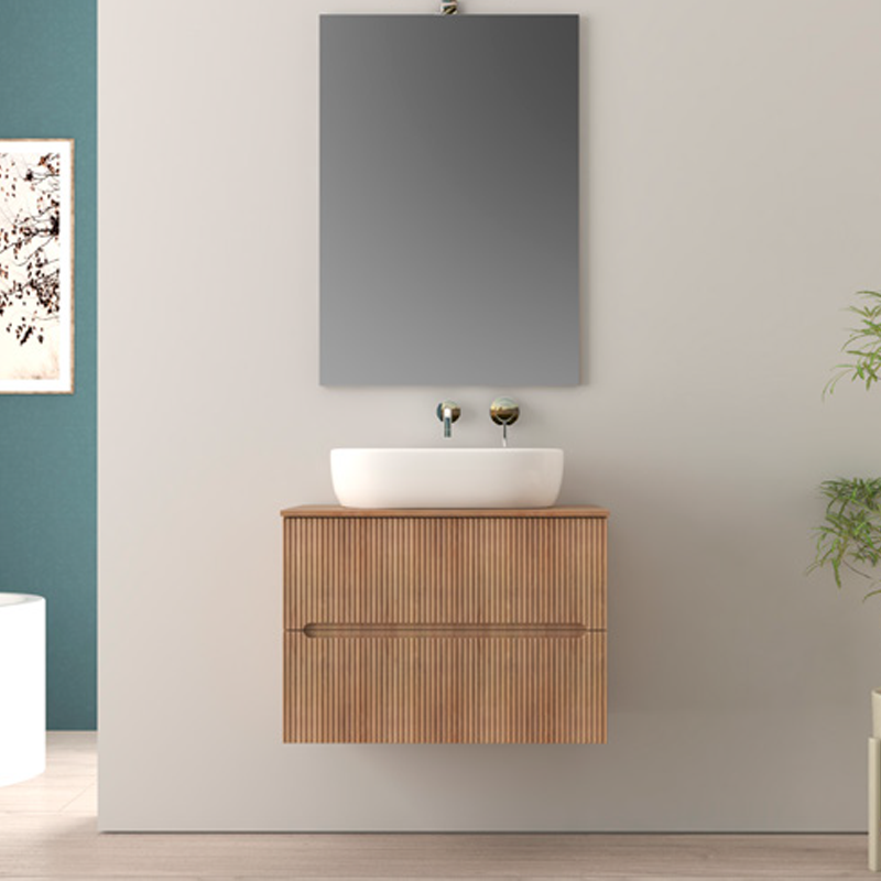 FAN | Mobile bagno 60cm sospeso cannettato con lavabo in appoggio-Rovere Tobacco