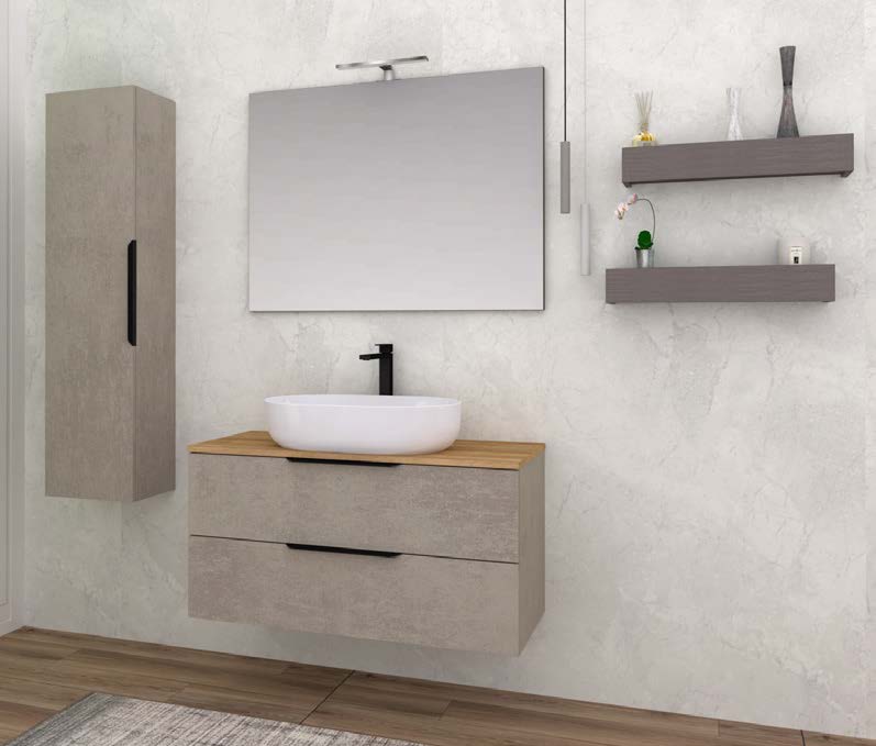 Fit | mobile da bagno 100cm. componibile sospeso con ciotola grigio caldo e rovere