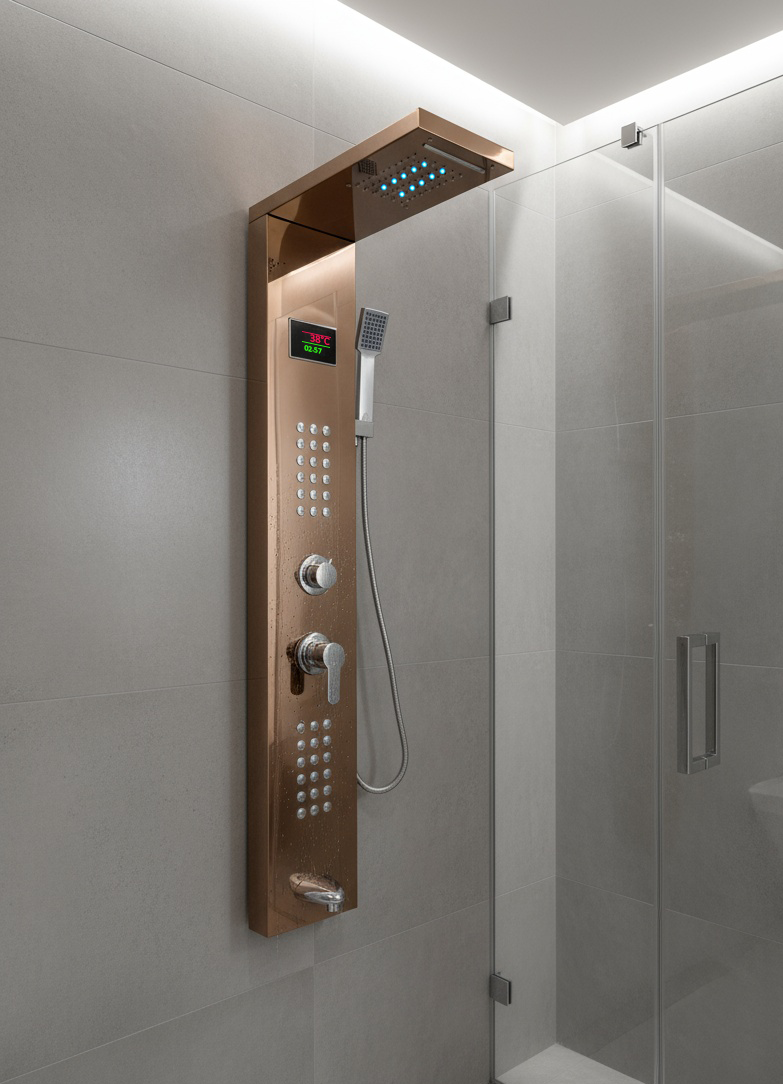 Pannello Doccia Idromassaggio Colonna Rosa Con Soffione e Doccetta - Schermo e Luci Led