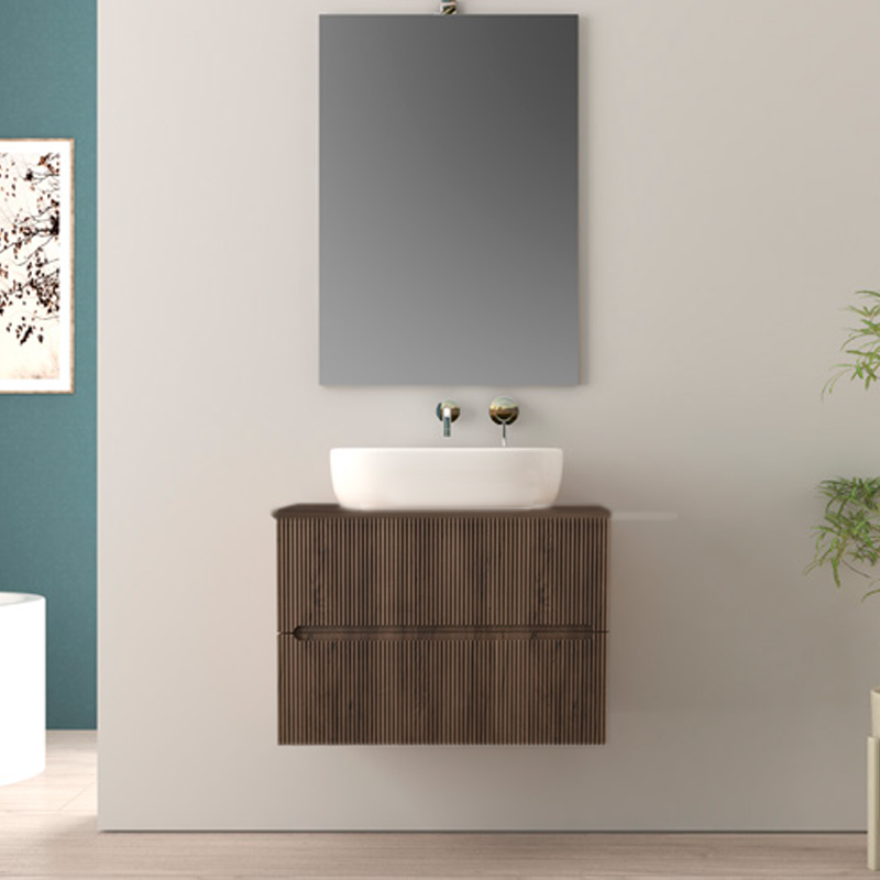 FAN | Mobile bagno 60cm sospeso cannettato con lavabo in appoggio-Noce